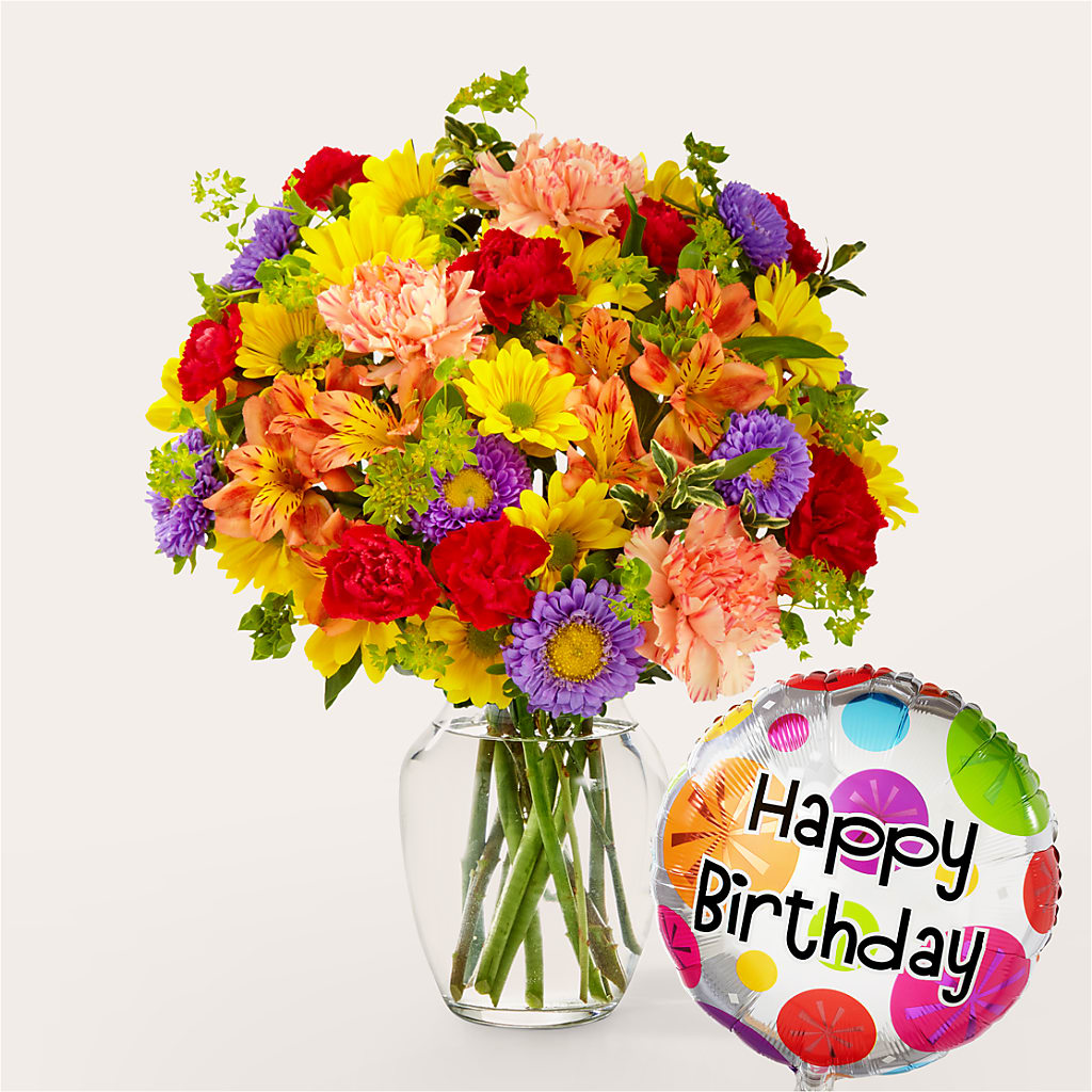 Kaleidoscope Bouquet with Birthday Balloon – IVAN'S FLOWER, Folsom CA
